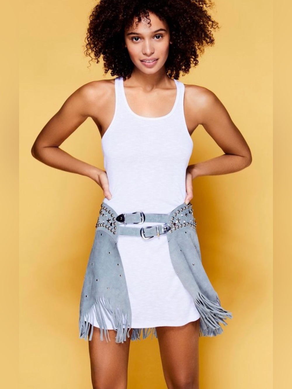 Understand Leather. ANever Worn Fringed Suede Mini Skirt with Stud Details -